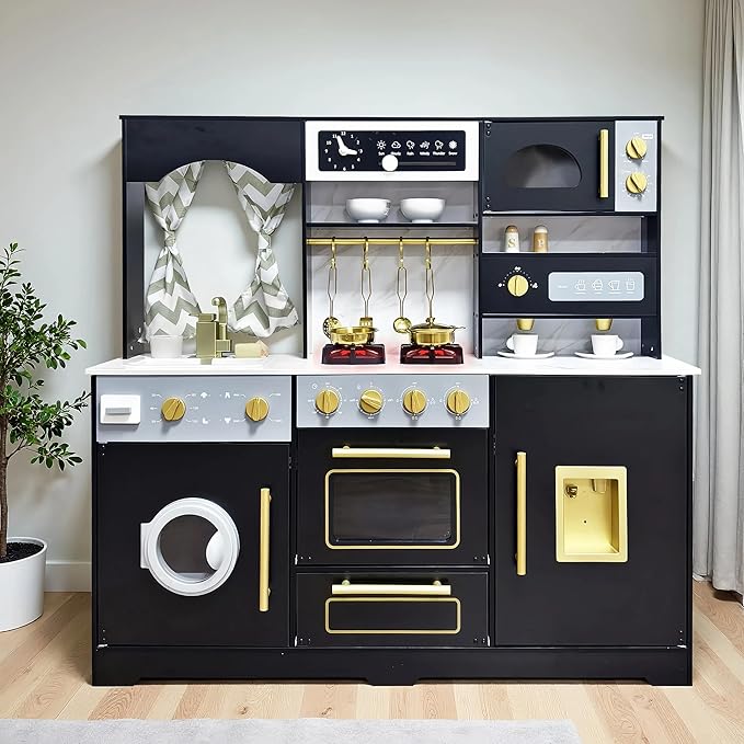 Wooden Play Kitchen with Ice Maker, Water Dispenser and Coffee Maker;Large Toddler Kitchen Playset with Washing Machine,Sink and Stove;Premium Gifts for 3+Years Boys Grils Kids