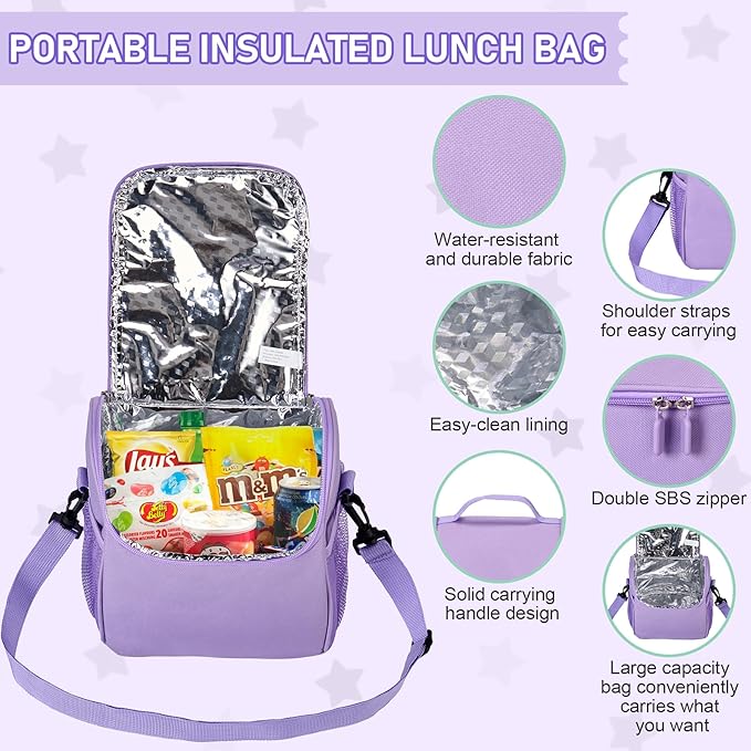 Bento Lunch Box for Kids with 17oz Soup Thermo,Insulated Tumbler Water Bottle and Insulated Lunch Bag,Leak-Proof 3 Compartment Lunch Food Container with Ice Pack for Kids to School-Purple
