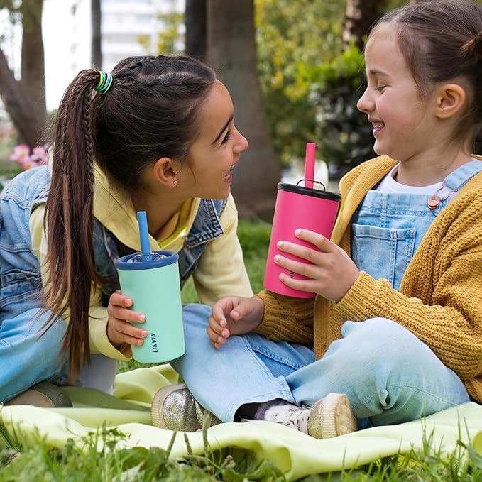 Candy Tumbler, 20 oz Kids Insulated Stainless Steel Water Bottle with Spill Resistant Silicone-Metal Straw and 2-in-1 Lid, BPA-Free, Cup Holder Friendly, Dishwasher Safe, Hot Pink