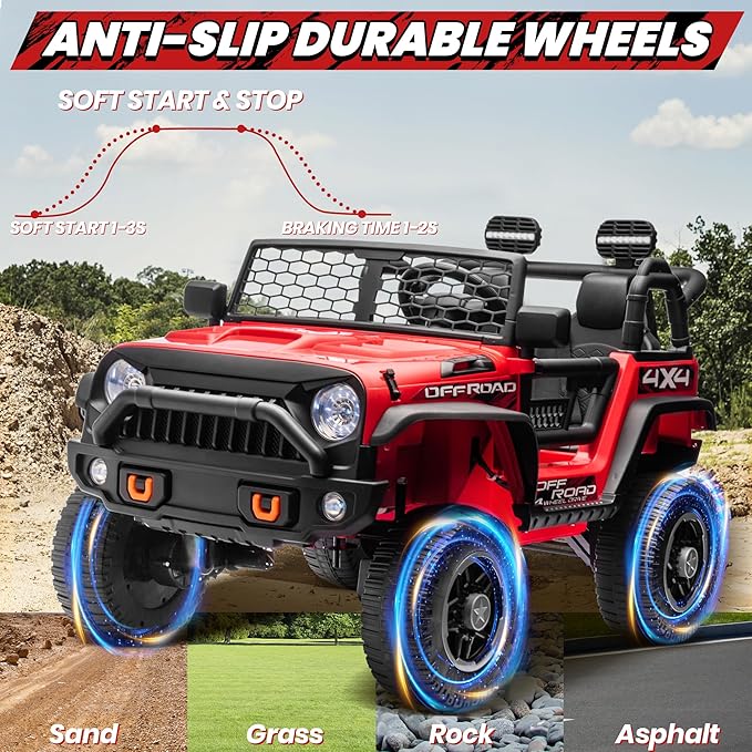 JOYRACER 24V 2 Seater Ride On Toys for Big Kids, 800W Power Truck Wheels with Remote Control, 4WD/2WD Switchable, 20" Spacious Seat, Soft Start, Bluetooth, Electric Car for Kids Ages 3-8, Red