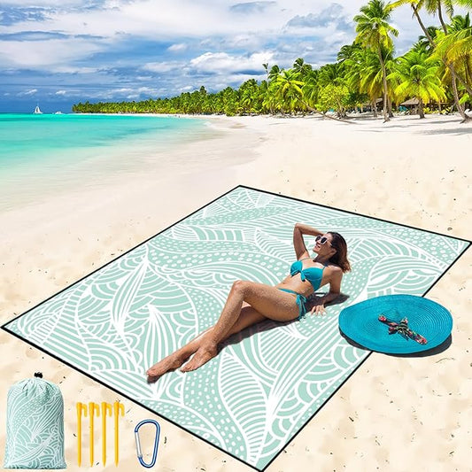 Beach Blanket Waterproof Sandproof Beach Mat 79" X 83"/10'x9'for 2-8 Adults Quick Drying Outdoor Picnic Mat Beach Accessories for Travel, Camping, Hiking
