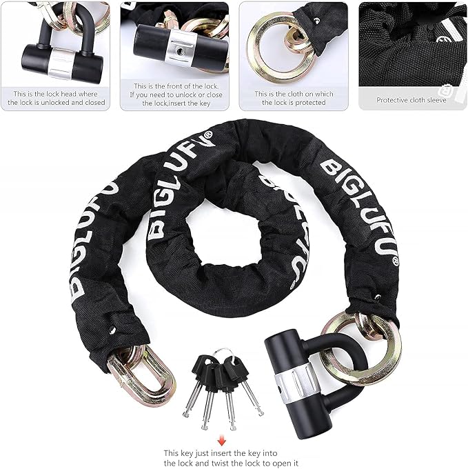 BIGLUFU Motorcycle Chain Lock 100cm/3.3ft Heavy Duty Bike Chain Lock Anti-Theft Durable Cut Proof 14mm Thick Security Bicycle Chain with 4Keys 16mm U Lock for Moped,Scooter,Motorcycles