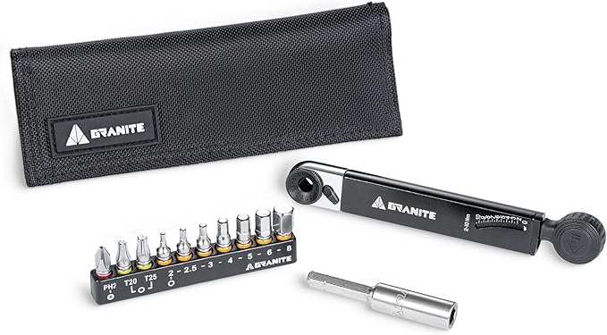 Granite Rocknroll TQ Torque Ratchet Bike Tool Kit, Bike Multitool Kit with 10 Tool Bits and Extension Rod, Portable Torque Ratchet Tool Kit for Mountain Bike, Road Bike and Gravel Bike (Black)