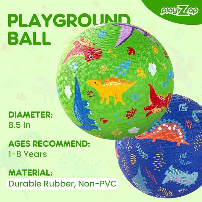 PlayZap 2 Pack Playground Balls for Kids, Dinosaur Kickballs for Toddlers 1-8, 8.5 in Rubber Balls with Pump, Indoor & Outdoor Dodgeball Toys for Boys & Girls Gifts