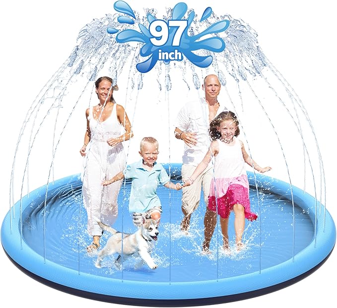 97" Non-Slip Splash Pad for Kids and Dog, Thicken Sprinkler Pool Summer Outdoor Water Toys, Extra Large Backyard Wading Pool for Children Boys & Girls or Pet Dog (Blue)