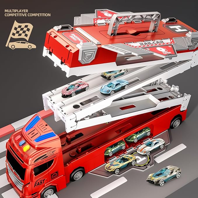 65-Inch Race Car Tracks and 20 Car Toys for Toddlers Boys Kids 1-3 4-7, Toy Trucks for Toddler 2 3 4 5 6 7 8 Years Old with Lights Sounds, Carrier Truck Toys Gift for Boys Girls Kids