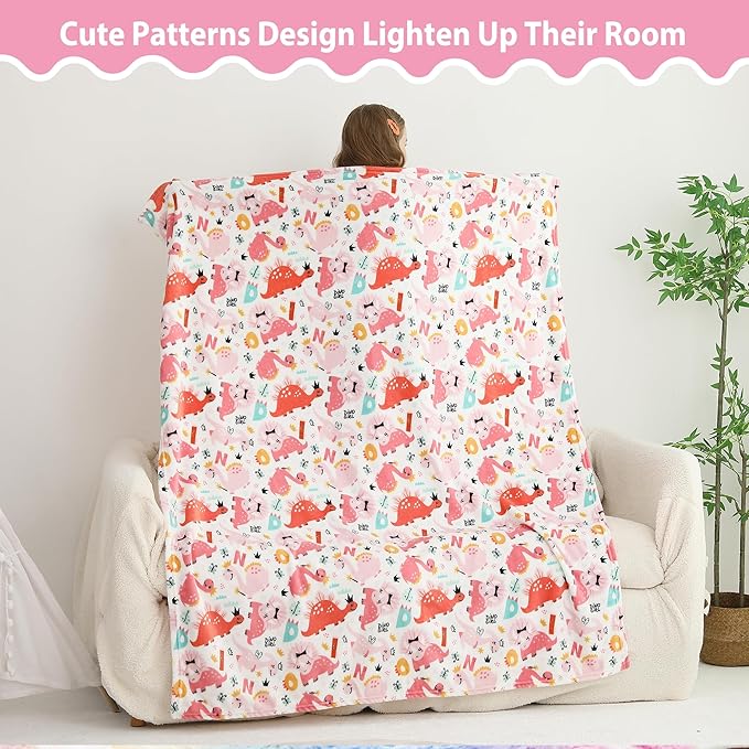 Softan Kids Throw Blanket for Girls & Boys, Warm Soft Toddler Fleece Blankets for Sofa Couch Bed， Cozy Fuzzy Plush Flannel Kids Throw Blanket for Daycare & School - Pink Dinosaur 50x60 inches