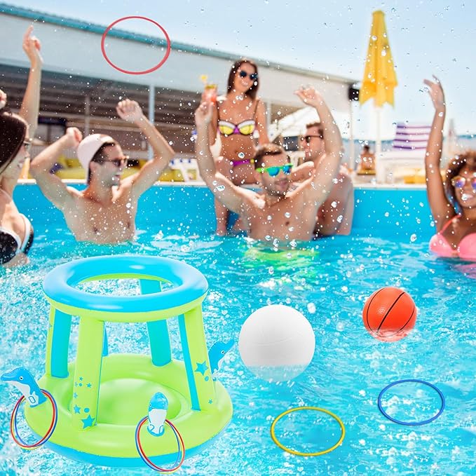 Jasonwell Pool Toys Games Set - 3 in 1 Pool Volleyball Net Basketball Hoop Ring Toss Game Inflatable Floats Water Floating Volleyball Swimming Pools Party Game Accessories Toy Gift Kids Teens Adults
