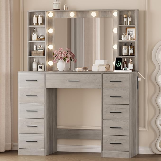 Makeup Vanity with Drawers, 43" Grey Vanity Desk with Mirror and Lights, 11 Drawers & 4 Shelves, Power Outlet & Adjustable LED Lights, Dressing Table for Women & Girls Bedroom