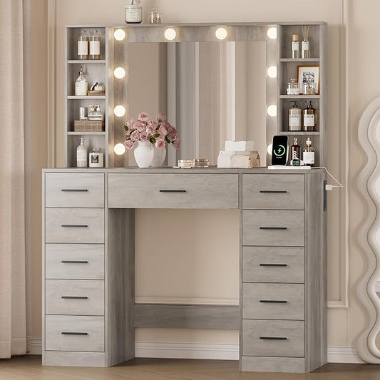 Makeup Vanity with Drawers, 43" Grey Vanity Desk with Mirror and Lights, 11 Drawers & 4 Shelves, Power Outlet & Adjustable LED Lights, Dressing Table for Women & Girls Bedroom