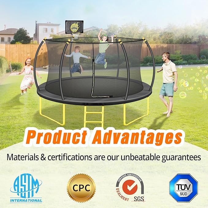 16FT Pumpkin Trampoline for Kids Adults, ASTM Approved Outdoor Recreational Trampoline with Basketball Hoop, Enclosure Net, Yellow