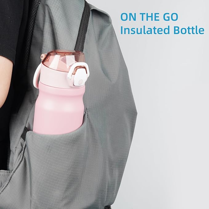 Insulated Water Bottle with Straw and Carry Loop,18 oz Stainless Steel Double Wall Vaccum Metal Water Flask with Leak-proof Lid,Pink