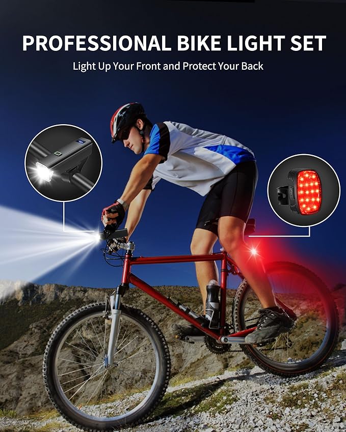 DARKBEAM 6000LM Bike Headlight USB-C Rechargeable, High Lumen Super Bright Bike Light Set for Night Riding, 12+5 Modes Waterproof Bicycle Lights for Road, Mountain, Cycling