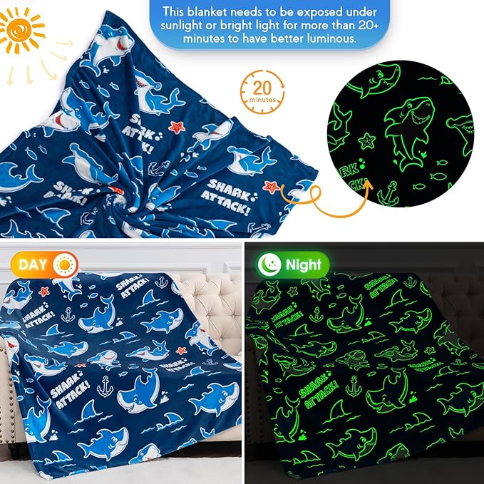 Jekeno Shark Glow in The Dark Blanket Gifts for Girls Boys Christmas Birthday Kids Teens Age 1 2 3 4 5 6 7 8 9 10 12 13 14 15 16 Years Old Child Ocean Anchor Throw Blue 50"x60"