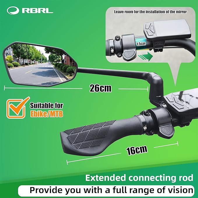 RBRL Bicycle Mirror, Aluminum Alloy Bike Mirror Handlebar Mount, Anti-shake & Break-proof, Foldable HD Real Glass Rotatable Ebike Accessories, Bike Rear View Mirror for Ebike Scooter (Left)