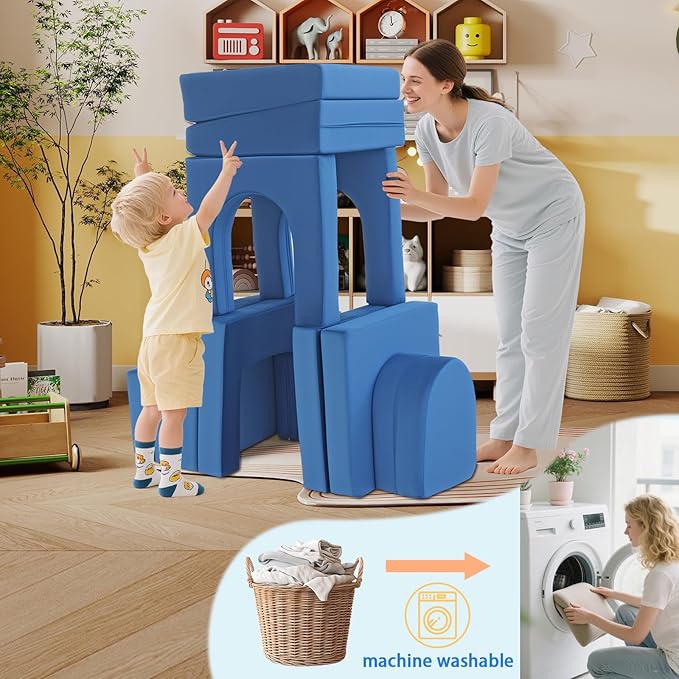 12Pcs Modular Kids Play Couch Multifunctional Foam Toddler Sofa Convertible Kids Sofa Playroom Bedroom Furniture Floor Foam Explorer Couch with Building Fort Feature for Boys and Girls (blue)