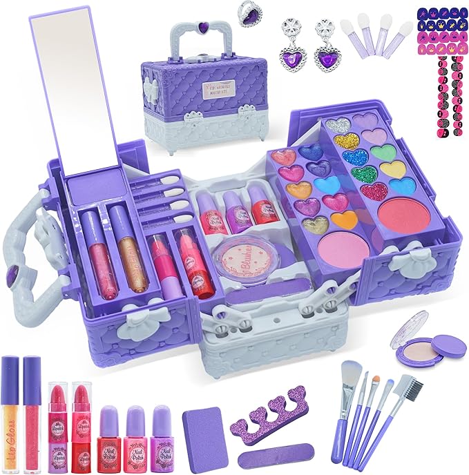 Kids Makeup Sets for Girls - 52 PCS Safe and Washable Makeup for Kids, Real Toddler Makeup Kit with Cosmetic Case, Girls Toys Age 4-12, Princess Toys Birthday Gifts(Dark Purple)