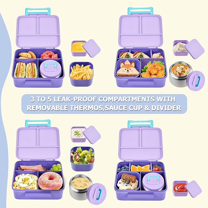 Bento Lunch Box for Kids with Thermos, Leakproof Bento Box with 8oz Insulated Food Jar, Insulated Bottle, Lunch Bag, BPA Free Dishwasher Safe 4 Compartment Container for School Girls Boys (Purple)