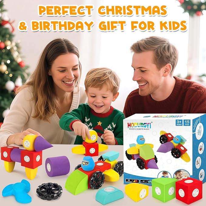 15 PCS Magnetic Foam Blocks, STEM Preschool Toys for Children, Magnetic Building Blocks for Toddlers, Kids Bath Toys and Montessori Sensory Toys, Birthday for Boys & Girls Age 3 4 5 6+