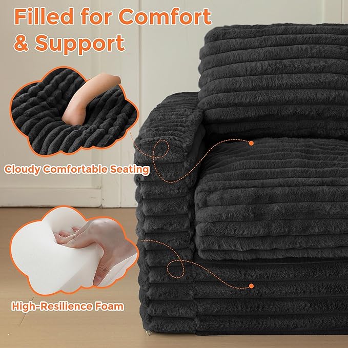 MAXYOYO Kids Bean Bag Chair, Comfy Faux Fur Bean Bag Sofa with Filler, Upholstered Floor Sofa with Pillows and Armrests, Lazy Floor Chair Couch for Boys and Girls, Black