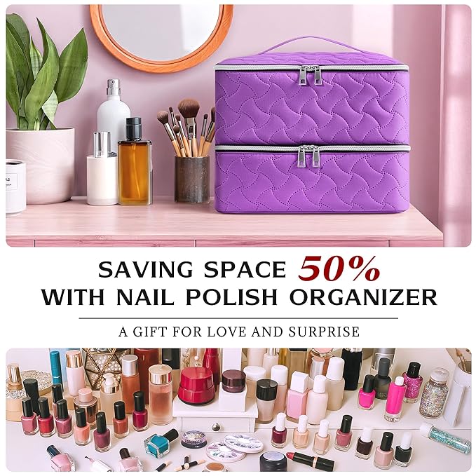 DreamGenius Nail Polish Organizer Case Holds 42 Bottles, Portable Double-Layer Nail Polish Storage Bag with Adjustable Dividers for Manicure Tools, Purple