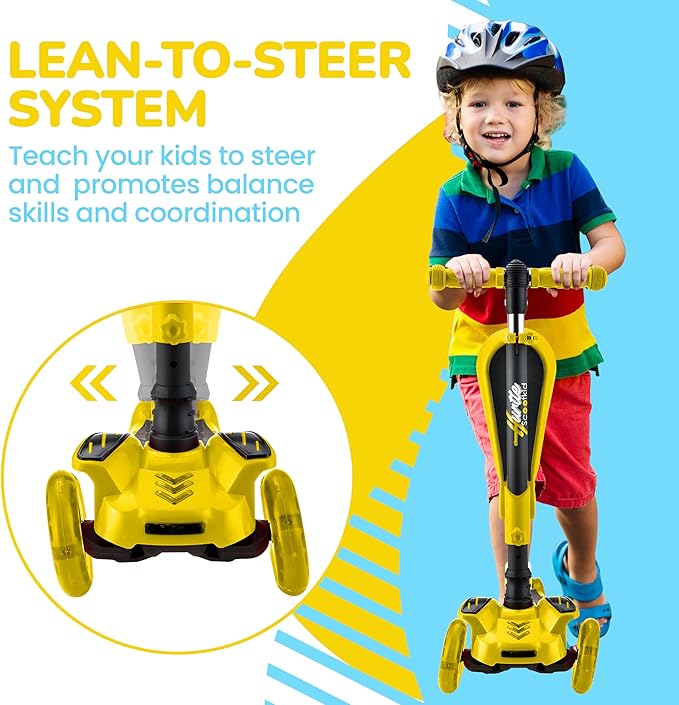 Hurtle 3-Wheeled Scooter for Kids - Wheel LED Lights, Adjustable Lean-to-Steer Handlebar, and Foldable Seat - Sit or Stand Ride with Brake for Boys and Girls Ages 1-14 Years Old