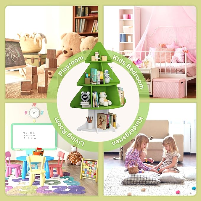 Christmas Tree Shelf Kids Bookshelf Toddler Bookcase 4-Tier Baby Book Rack Children Toy Storage Organizer Wood Display Shelf Nursery Playroom Bedroom Classroom School Homeschooling Boy Girl Gift