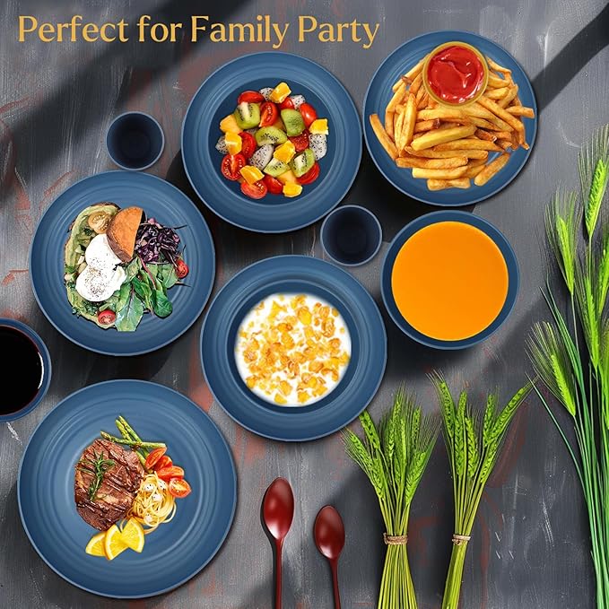 Wrova Wheat straw plates and bowls sets of 16 - Unbreakable wheat straw dinnerware sets for camping - Alternative plastic dinnerware set service for 4 - Microwave safe and Dishwasher safe bowls. Blue