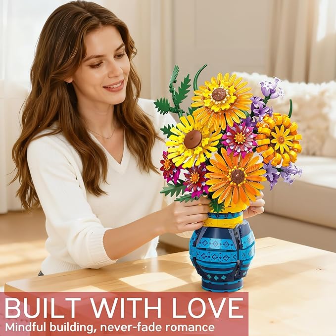 Sunflower Bouquet Building Blocks with Vase Set, 1065 PCS Botanical Collection Christmas Birthday Gifts for Adults Women Men Teen Girls, Artificial Flower Home Decor Gifts for Her Him Mom Wife Grandma