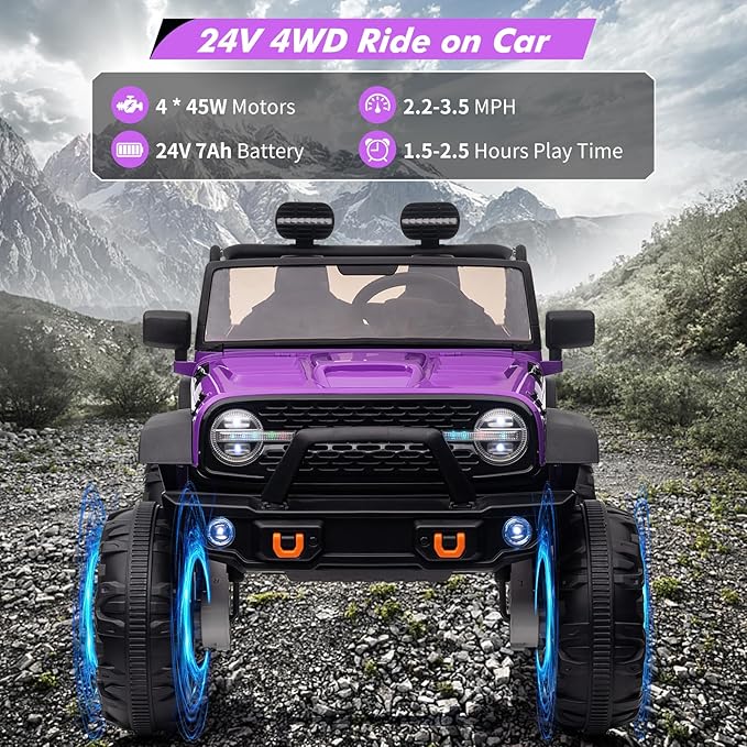 2 Seats 24V Kids Ride on Truck with Remote Control, Battery Powered Electric Ride Car Toy for 3-8 Years, 4 Motors,20" Seat Width for 2 Seaters, LED Light,Music,High/Low Speeds,Shovel, USB