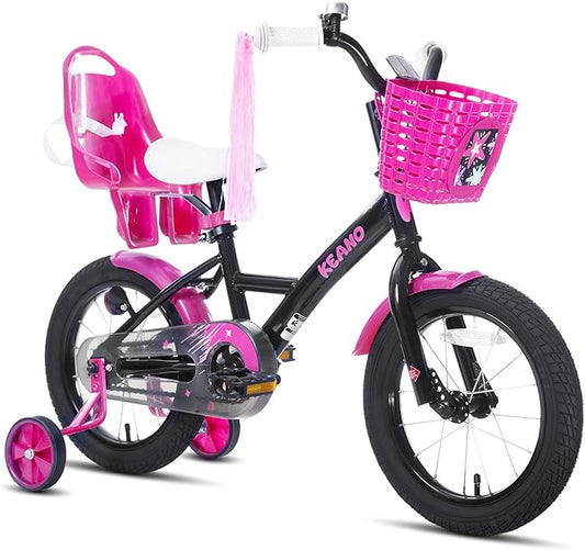 KEANO Zinnia 14 16 20 Inch Kids Bike for Girls Ages 3-10 Years, Girls' Bikes with Training Wheels, Streamers, Basket and Doll Seat, Children Bicycles