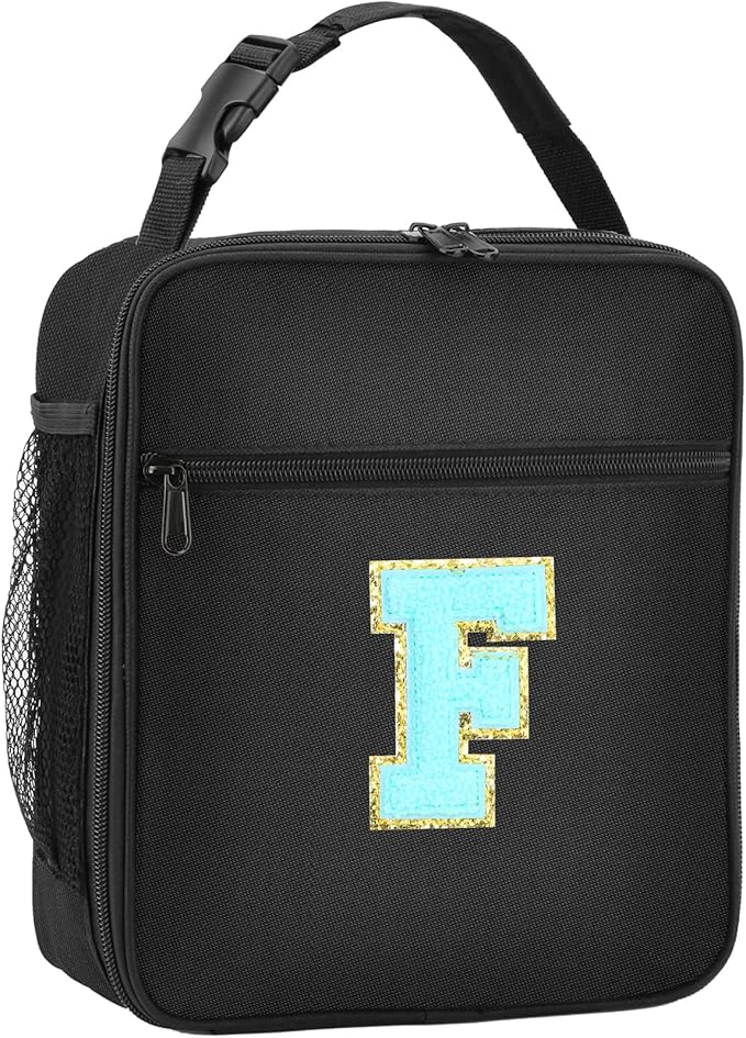 Initial Insulated Lunch Bag, Lunch Box with Initial Letter Patch for Teen Adult, Reusable Lunch Bag for Men Women, Ideal Back to School Gift Birthday Gift, Blue F