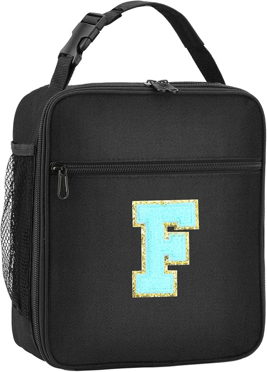Initial Insulated Lunch Bag, Lunch Box with Initial Letter Patch for Teen Adult, Reusable Lunch Bag for Men Women, Ideal Back to School Gift Birthday Gift, Blue F