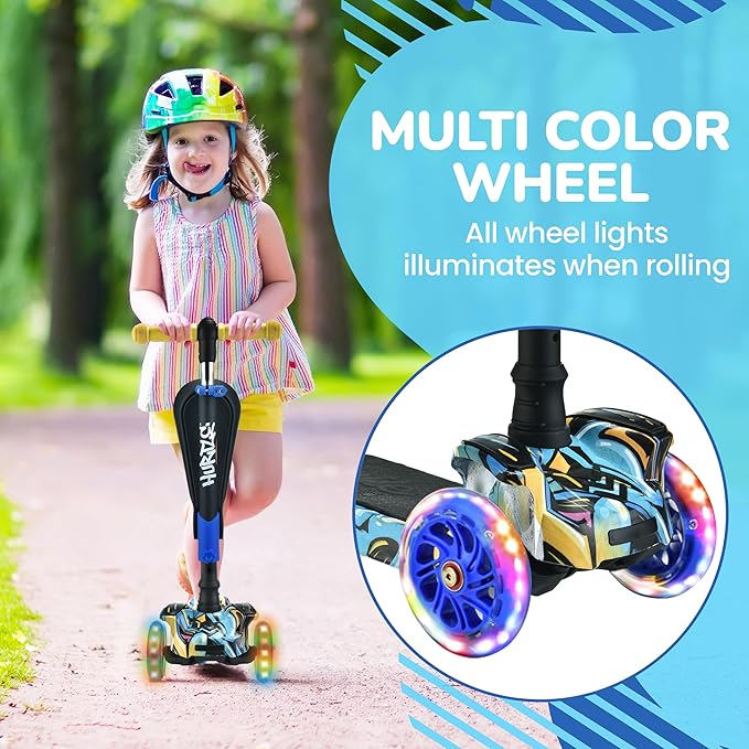 Hurtle 3-Wheeled Scooter for Kids - Wheel LED Lights, Adjustable Lean-to-Steer Handlebar, and Foldable Seat - Sit or Stand Ride with Brake for Boys and Girls Ages 1-14 Years Old