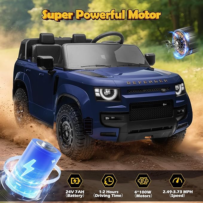 24V Licensed Land Rover 2 Seater Ride on Car for Kids, Battery Powered Electric Car Ride on Vehicle with Parent Remote Control, LED Light, Spring Suspension, Suitable for Aged 3-8, Blue
