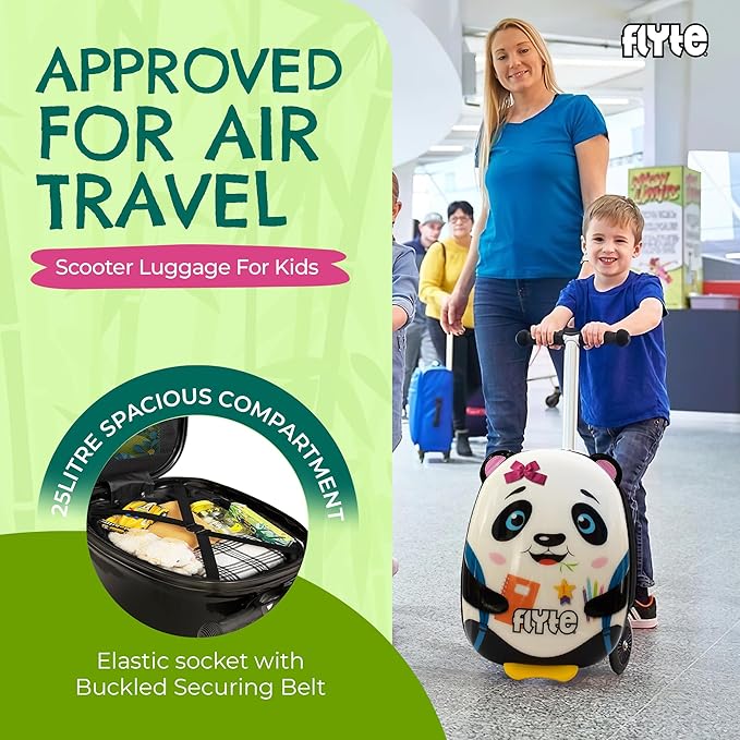 FLYTE Scooter Suitcase Folding Kids Luggage – Penni the Panda, 18 Inch Hardshell, Ride On with Wheels, 2-in-1, 25 Litre Capacity