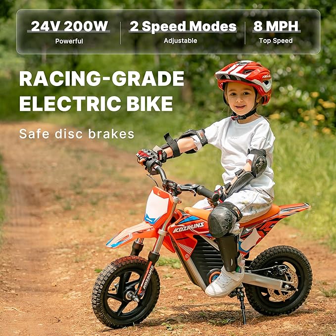 Electric Dirt Bike for Kids, Powerful Motorcycle for Ages 3-6, 24V 2.6Ah Lithium Battery, Dual Shock Absorption, 2 Speed Modes, Safe Disc Brake, 12Inch Off Road Tires, Orange