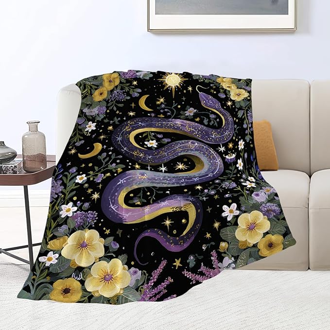 Purple Snake Blanket Fantasy Floral Reptiles Throw Blankets Gifts for Girls Boys Kids Snake Lover Soft Cozy Fleece Plush for Couch Sofa Bed 80"x60"