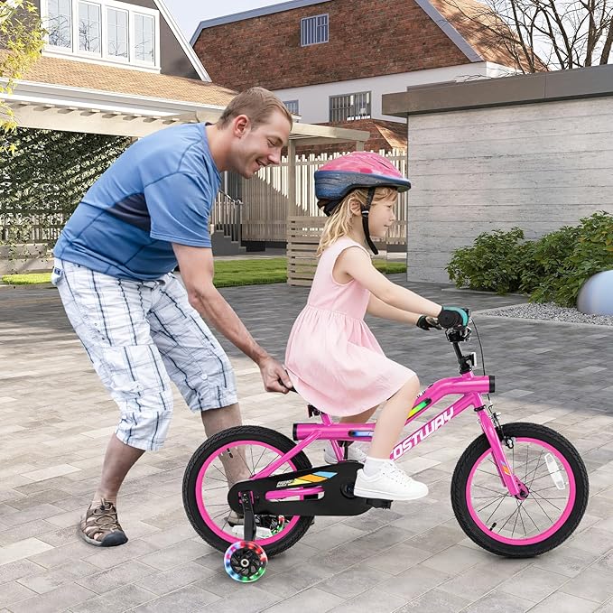 COSTWAY 16”/18” Lighted Kids Bike, Children Sport Bicycle with LED Light-up Frame, Adjustable Saddle, Training Wheels, Handbrake & Coaster Brake, Kids Riding Bike for 4-7/4-8 Years Old Boys & Girls