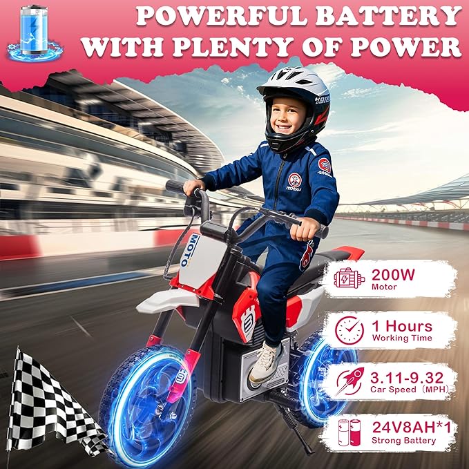 Electric Motorcycle for Kids Ages 5-10, 24V 200W Higher Speed Electric Dirt Bike, Kids Ride On Motorcycle with Rear Wheel Shock Absorber, LED Breath Light, Bluetooth, Music, Horn, Red