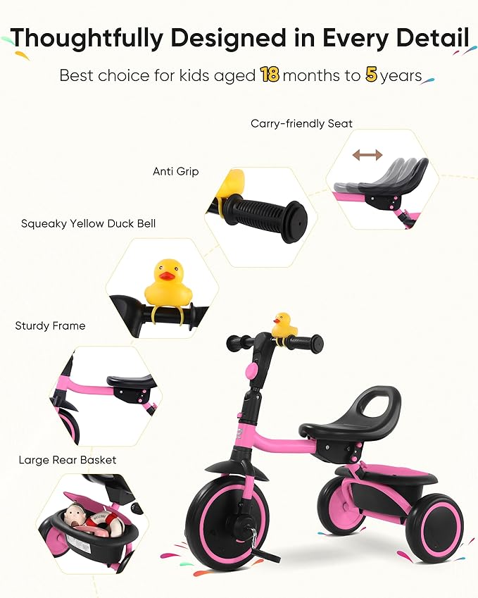 Toddler Tricycle for 18 Months to 5 Years, Foldable Tricycles for 3-5 Year Olds, Kids Tricycle with Adjustable Carry-Friendly Ergonomic Seat and Covered Large Basket, Pink