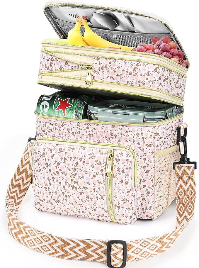 LOKASS Lunch Box for Women-16L-Insulated Lunch Bag Women, Expandable Double-layer Leakproof Cooler Bag with Upgrade Adjustable Shoulder Strap Ideal for Work/Travel/Picnics（White Flower）