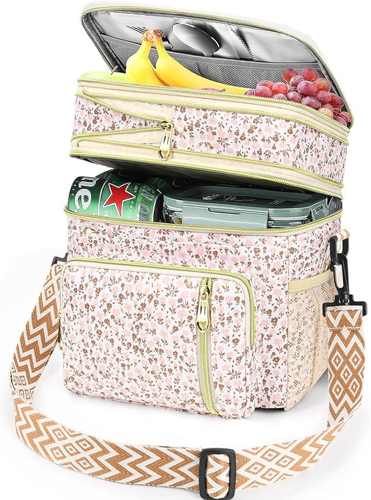 LOKASS Lunch Box for Women-16L-Insulated Lunch Bag Women, Expandable Double-layer Leakproof Cooler Bag with Upgrade Adjustable Shoulder Strap Ideal for Work/Travel/Picnics（White Flower）