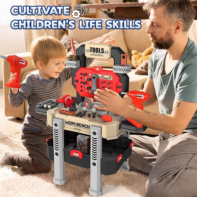 Toddler Tool Bench Set, 79pcs Pretend Construction Toy Set with Drill for Kids Workbench Playset, Tool Bench for Kids Ages 3-5 Years Old, Storage Box for Boys, Perfect Birthday (Red)
