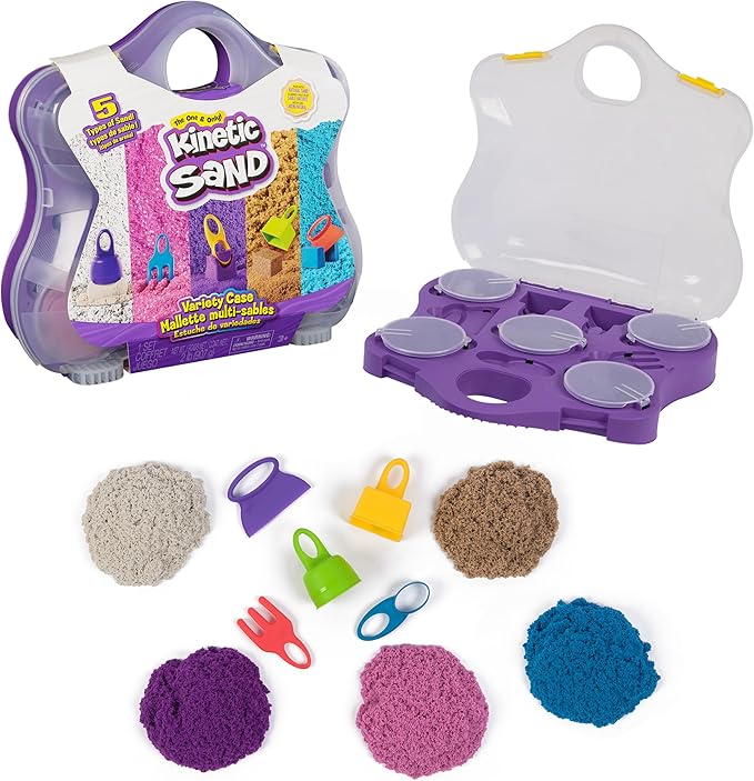 Kinetic Sand, Variety Case with 2lbs Play Sand (Beach, Neon & Shimmer) & 5 Tools, Reusable Storage, Sensory Toys for Kids Ages 3 and up