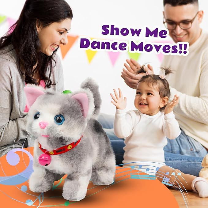 Cuteoy Walking Grey Cat Stuffed Animal Talking Wagging Nodding Educational Plush Kitty Toy Electric Interactive Animated Plushies for Girls Boys Birthday, 7"