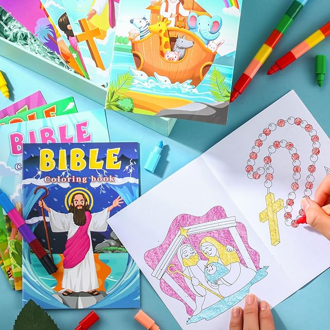 BenLouis 12 Christian Mini Coloring Books Kids with 12 Stacking Crayons Bible Verse Religious Party Favors Small Activity Books Bulk for Kids Sunday School Christmas Party Gift Goodie Bag Stuffers