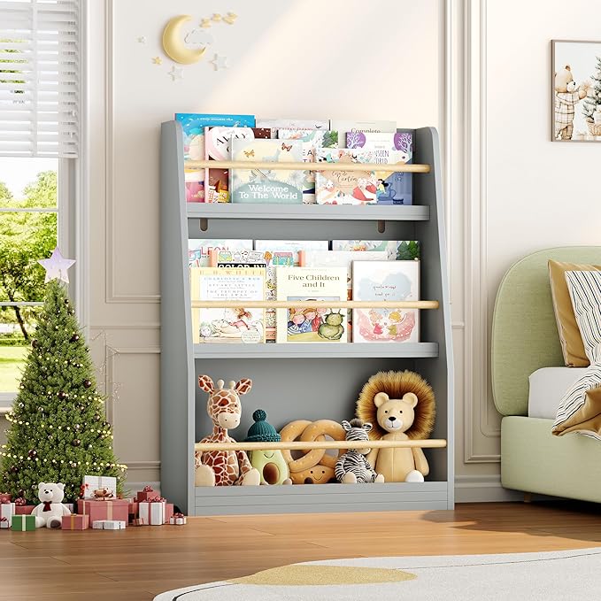 Kids Bookshelf, 3-Tier Montessori Book Shelf Organizer for Books and Toys, Toddler Bookshelf for Bedroom, Living Room, Playroom, Classroom, Nursery - Gray