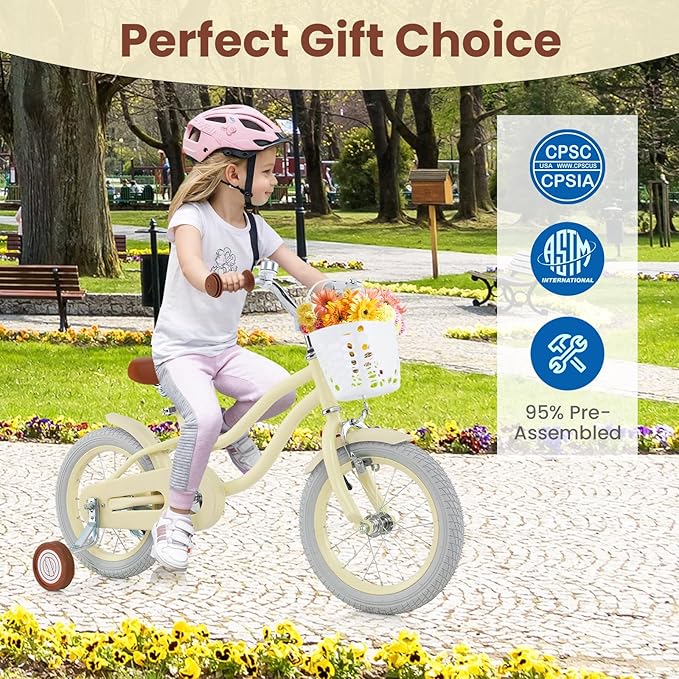 COSTWAY Kids Bike, 12 14 16 18 Inch Toddler Bike Children Bicycle w/Training Wheels, Hand & Coaster Brakes, Adjustable Saddle & Handlebar, Basket, Bell, Kids Bicycle for Girls Boys Aged 3-8 Years Old