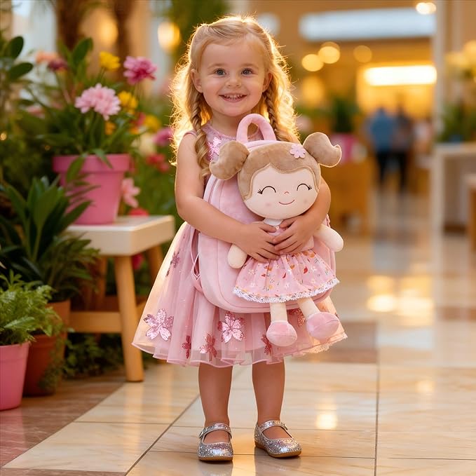 Gloveleya Kids Backpacks Girls Backpack Plush Bags Diaper Bag Backpack with Floral Doll Pink